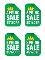 Spring sale green stickers set. Sale 15, 25, 35, 45 percent off vector