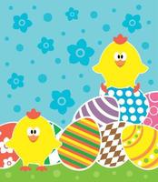 Easter background card with chickens and eggs. Vector illustration