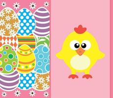 Easter background card with eggs and funny chicken ,pink vector illustration