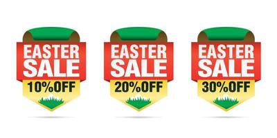 Easter sale set badges 10, 20, 30 off with Easter eggs. vector