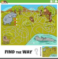 find the way game with cartoon wild animals vector