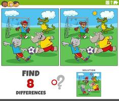 differences game with cartoon animals playing soccer vector