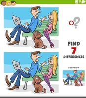 differences game with cartoon couple in the park with dog vector