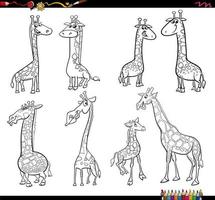 funny cartoon giraffes characters set coloring page vector