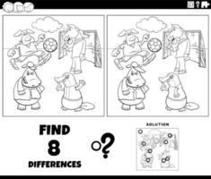 differences task with animals playing soccer coloring page vector