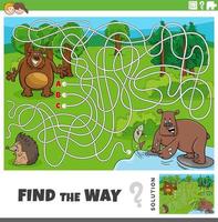 find the way game with cartoon bears animal characters vector