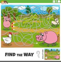 find the way game with cartoon farm animals vector