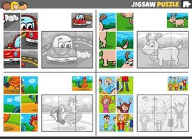 jigsaw puzzle game set with cartoon characters vector