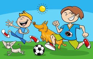 cartoon boys characters playing ball with their dogs vector