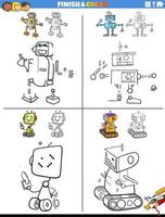 drawing and coloring worksheets set with robots characters vector