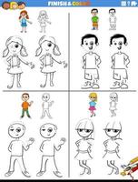 dibujo y colorante hojas de trabajo conjunto con niños caracteres vector