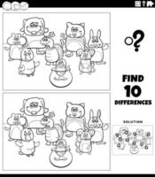 differences game with cartoon pets coloring page vector