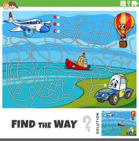 find the way maze game with cartoon vehicles characters vector