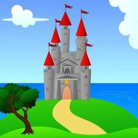 Great Medieval Castle On The Hill Landscape, Vector Illustration