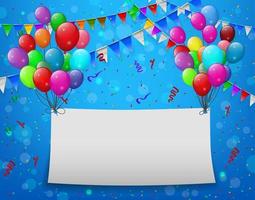 Flying balloons with paper and place for text blue background vector