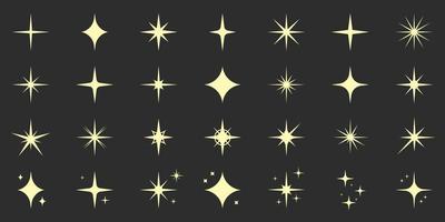 Sparkle Gold Star Silhouette Icon Set. Glow Spark Flash Stars Pictogram Collection. Shine Burst Magic Decoration Symbol. Glistering Effect Light. Golden Twinkle Flare. Isolated Vector Illustration.