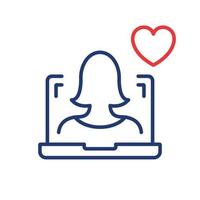 Online Help Line Icon. Computer Psychologist Support and Therapy Online with Heart Linear Pictogram. Virtual Woman Operator Outline Icon. Donate Concept. Editable Stroke. Isolated Vector Illustration.