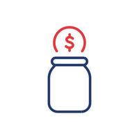 Moneybox with Falling Coin Line Icon. Glass Jar for Collect Money Linear Pictogram. Bottle for Save Cash Outline Icon. Editable Stroke. Isolated Vector Illustration.