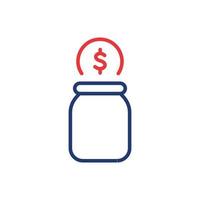 Moneybox with Falling Coin Line Icon. Glass Jar for Collect Money Linear Pictogram. Bottle for Save Cash Outline Icon. Editable Stroke. Isolated Vector Illustration.