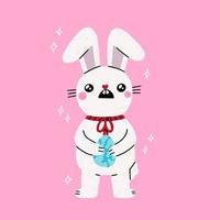 Funny cute rabbit with eggs and flower. Funny animal character. Flat cartoon colorful vector illustration. Creative holiday composition. Cute cartoon character. Happy easter greeting card template.