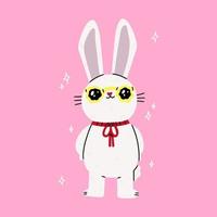 Funny cute rabbit or hare wearing sunglasses. Funny animal character. Flat cartoon colorful vector illustration.