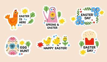 Easter spring doodle elements. Rabbit, flowers and chickens, cute easter theme symbols. Holiday easter icons cartoon illustration stickers with calligraphy text. Easter greeting cars. Hand draw child vector