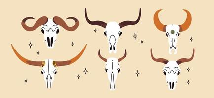 Set of animal skulls in hand draw style. Front views of engraving scary skeletons of cow, buffalo, deer. Vector illustration isolated on white background. Wild West atmosphere