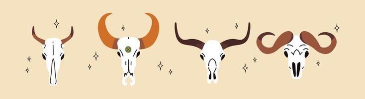 Set of animal skulls in hand draw style. Front views of engraving scary skeletons of cow, buffalo, deer. Vector illustration isolated on white background. Wild West atmosphere