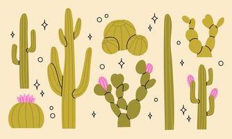 Cowboy western theme wild west concept.Hand drawn colorful vector set. Elements are isolated.Different set of cacti. Hand drawn colored flat vector illustration.