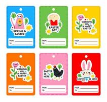 Set of Easter gift tags and labels with cartoon characters and type design.Easter tag collection with colorful bunnies. Banner templates. Happy Easter. Label with flower, watering can, easter cake vector