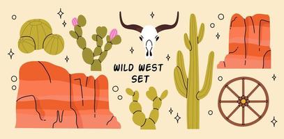 vaquero occidental tema, salvaje Oeste concepto en Violeta y rosado. . varios objetos. cactus, cráneo, montañas, de madera rueda. mano dibujado vistoso vector colocar. elementos son aislado