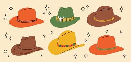 vaquero occidental tema salvaje Oeste concepto.mano dibujado vistoso vector colocar. elementos son aislados.diferentes rancho sombreros. mano dibujado de colores plano vector ilustración.