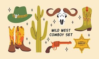 Cowboy western theme, wild west concept. Various objects. Boots, cactus, skull, gun, cowboy hat, horseshoe, sheriff badge star. Hand drawn colorful vector set. Elements are isolated