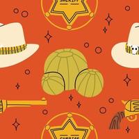 Set of cowgirl western patterns with various cartoon objects in pastel colors. Cactus, guns, hats, sheriff badge .Cowboy western, wild west concept. Different ornaments. Hand drawn Vector