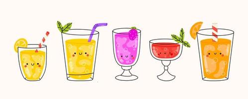 Soda water, lemonades in glass and plastic bottles. Non alcoholic cocktails. Non-alcoholic cocktail drink in glass, vector illustration of glass cocktail drink.Cold drinks set.Alcoholic fruit beverage