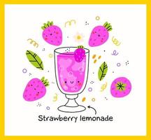 Cute strawberry bootle and glass. Isolated. Vector cartoon character hand drawn style illustration. Kawaii smiling lemonade.Hand drawn cute vector for web,design,print