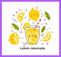 linda limón limonada vaso con linda limón. aislado. vector dibujos animados personaje mano dibujado estilo ilustración. kawaii sonriente limonada. mano dibujado linda vector para web, diseño, impresión, aislado en blanco.