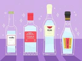 Alcohol drinks collection. Bottles on the table. Vodka whiskey brandy gin rum. Vector illustration in flat style.Bar menu flat vector set