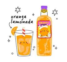 Cute orange lemonade bootle and glass. Isolated. Vector cartoon character hand drawn style illustration. Kawaii smiling lemonade.Hand drawn cute vector for web,design,print