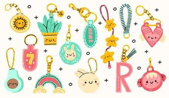 Set of various different Keychains. Keyholders and keyrings collection. Modern keys with pendants. Hand drawn Kawaii Vector illustration. Home rental, property, real estate concept.