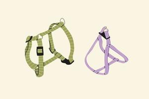 Adjustable dog harnesses. Accessory for pet animals cartoon vector illustration isolated on white background. Cute bright different harnesses.