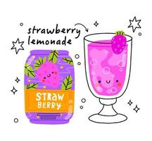 Cute strawberry bootle and glass. Isolated. Vector cartoon character hand drawn style illustration. Kawaii smiling lemonade.Hand drawn cute vector for web,design,print