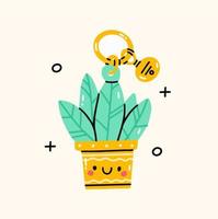 Cute Keychains. Modern key with pendant. Hand drawn Kawaii Vector illustration. Cute bright flower in the yellow pot. Home rental, property, real estate concept.