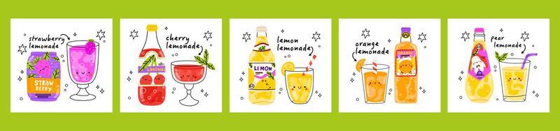 Set of 5 poster of cute lemonades. Isolated. Vector cartoon character hand drawn style illustration. Kawaii smiling lemonade.Hand drawn cute vector for web,design,print, isolated on white.