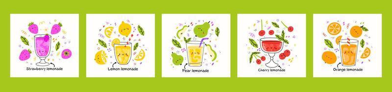 Set of 5 poster of cute lemonades. Isolated. Vector cartoon character hand drawn style illustration. Kawaii smiling lemonade.Hand drawn cute vector for web,design,print, isolated on white.