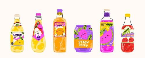 frío bebidas colocar. soda agua, limonadas en vaso y el plastico botellas plano vector ilustraciones aislado en blanco antecedentes. alcohólico Fruta playa bebidas, neotérico vector dibujos animados señales.