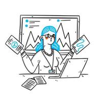 Young woman sitting in front of laptop.Charts, data graphic. A woman has a lot of work to do. Overworking character, home office deadline. Surprised female remote worker or freelancer vector concept