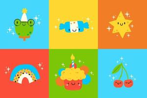 Set of 6 illustrations in kawaii style. Cute frog, candy, cherries, rainbow, cake and star.Hand Drawn birthday labels set vector illustration design.Happy birthday greeting card for children