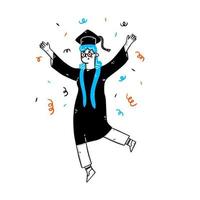 Student graduation ceremony from university. Girl in student robe and hat in jump.Flat vector illustration. Educated university or college graduating female character. Happy graduated girl.