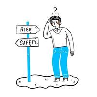 Thinking man surrounded by question mark. Businessmen confidently chooses to risk to the future. Signpost pointing to different directions - safety and risk. Man in doubt thinking with question marks vector